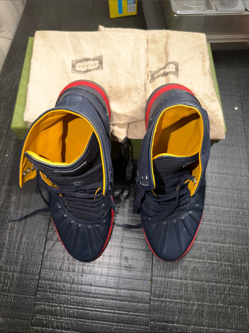 Gucci Navy Blue and Yellow Sneakers with Red Soles